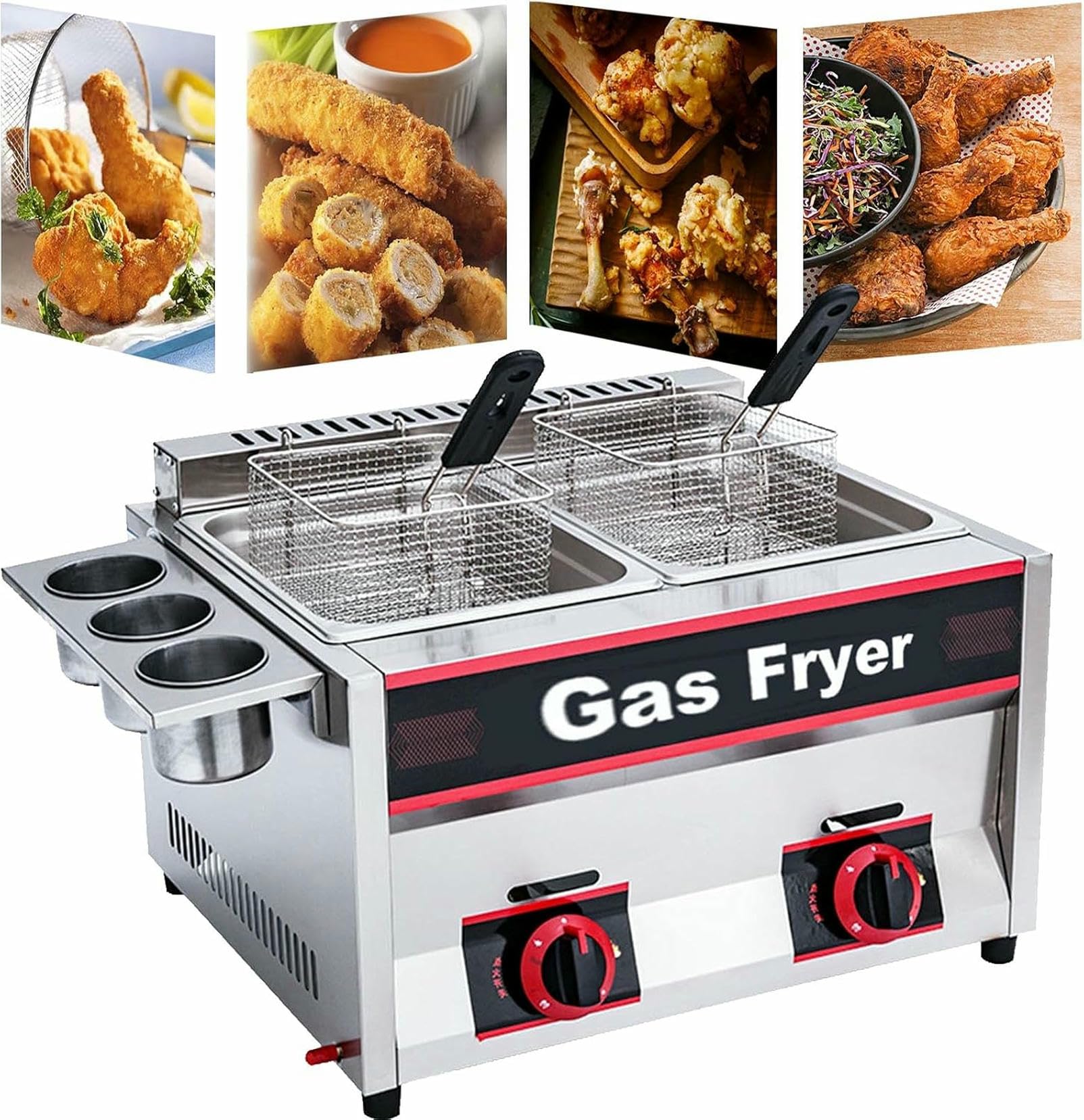 Freidora Freidora a Gas Comercial, freidora a Gas GLP de sobremesa, Acero Inoxidable, freidora Doble de Gran Capacidad de 22 litros, con cestas extraíbles, Caja de Fuego Regulable~/