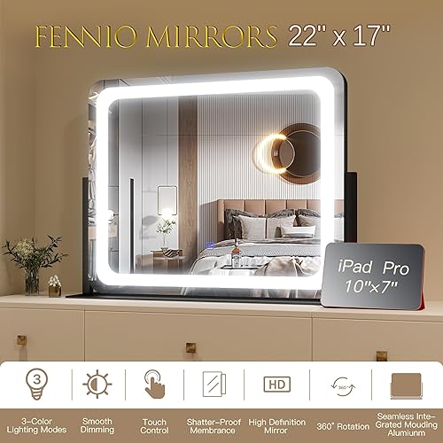 Miniatura 6 de FENNIO - Espejo de tocador con luces, espejo de maquillaje iluminado LED, pantalla táctil con 3 modos de iluminación, regulable, para mesa de