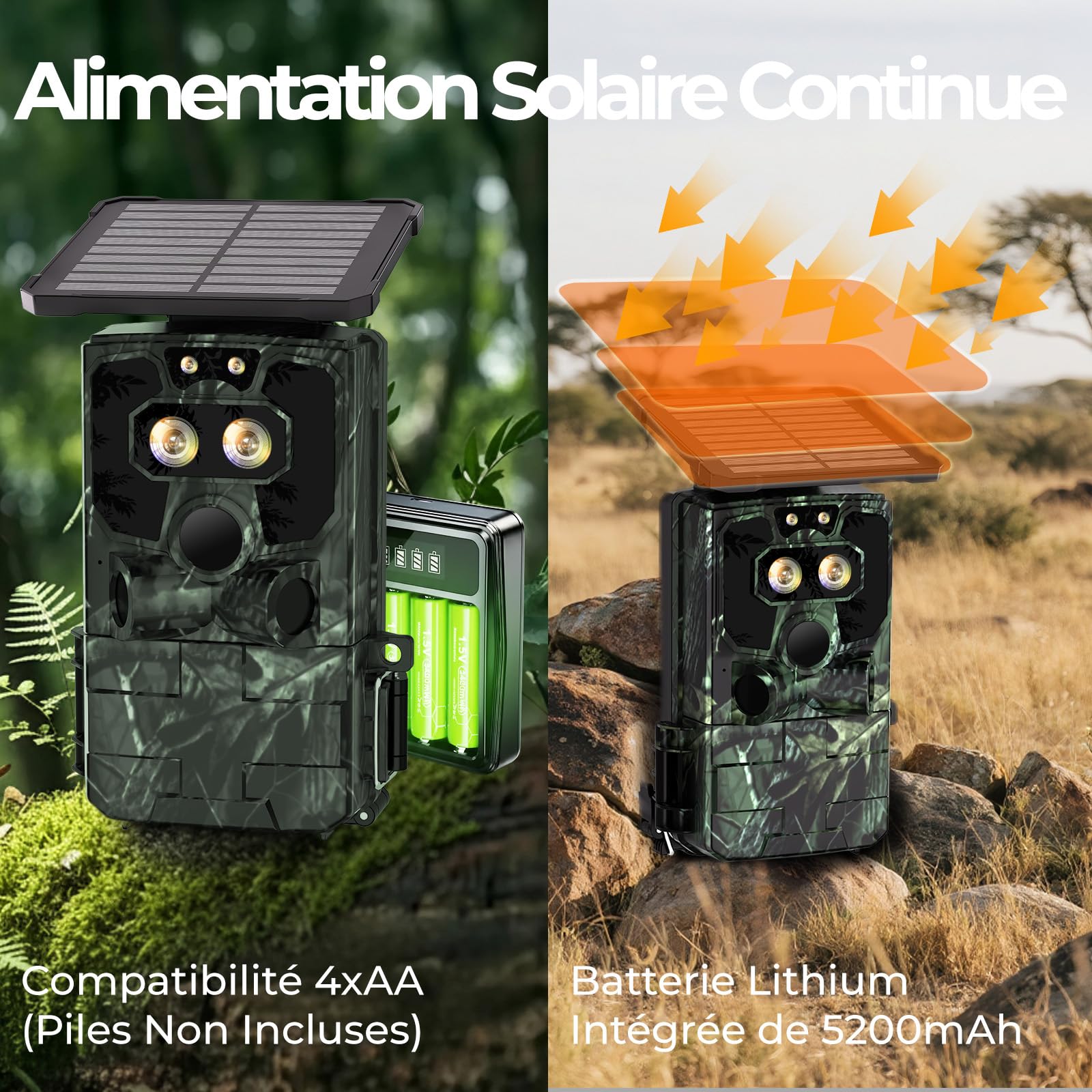 Caméra de chasse WiFi solaire, double objectif, vision nocturne Starlight | Connectée au téléphone via l’application et Bluetooth, vidéo 4K native, photos 60 MP, batterie lithium intégrée, 0,1 s, IP66