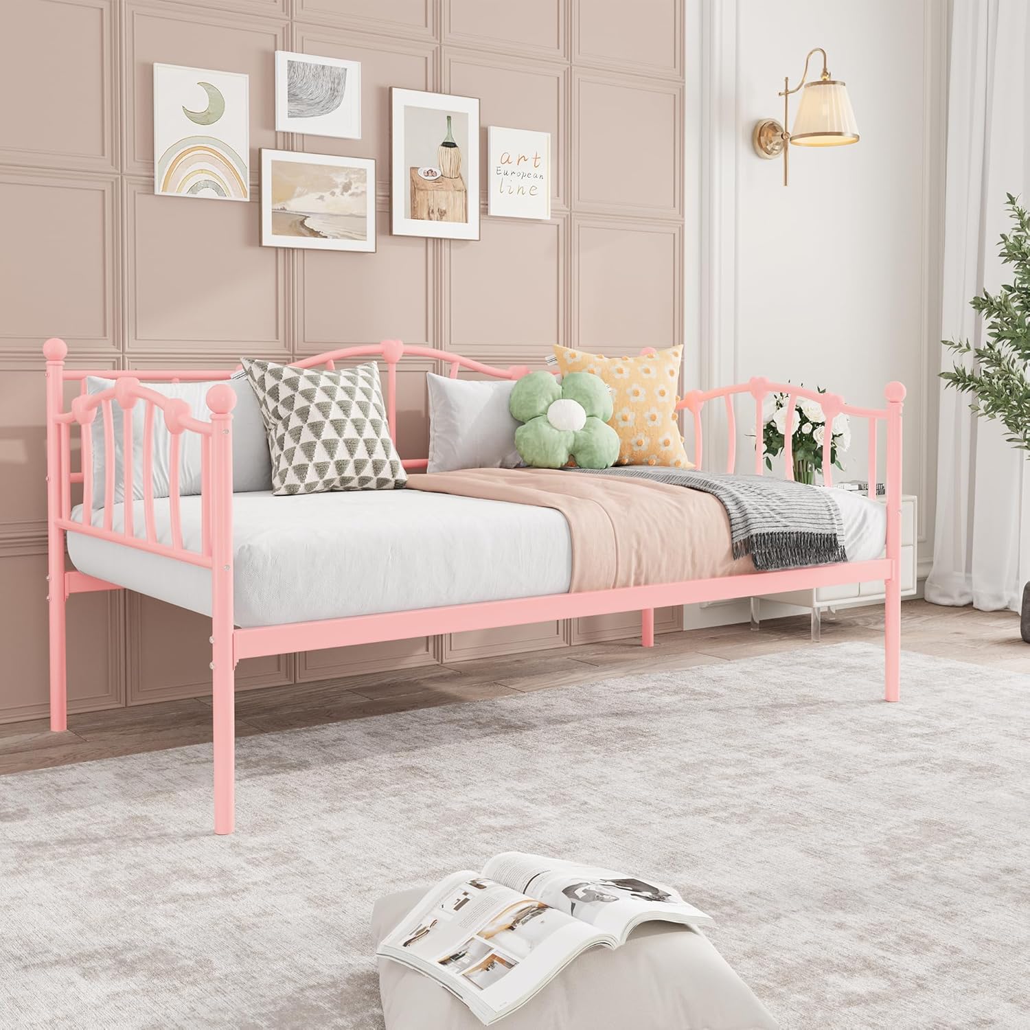 GarveeHome Twin Size Daybed Frame, Sofa Bed with Stylish Headboard, Heavy Duty Steel Slat Support, Space Saving for Living Room/Bedroom/Guest Room, Pink