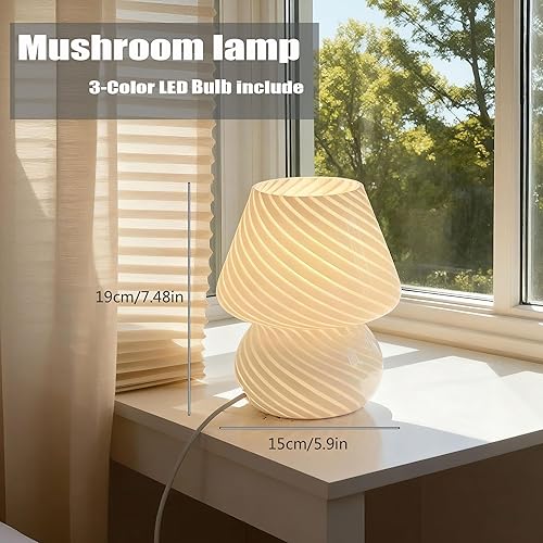 Miniatura 3 de jonong Lámpara de noche Lámpara de mesa de seta a rayas de vidrio 110V Regalo creativo Luz de noche (blanco)