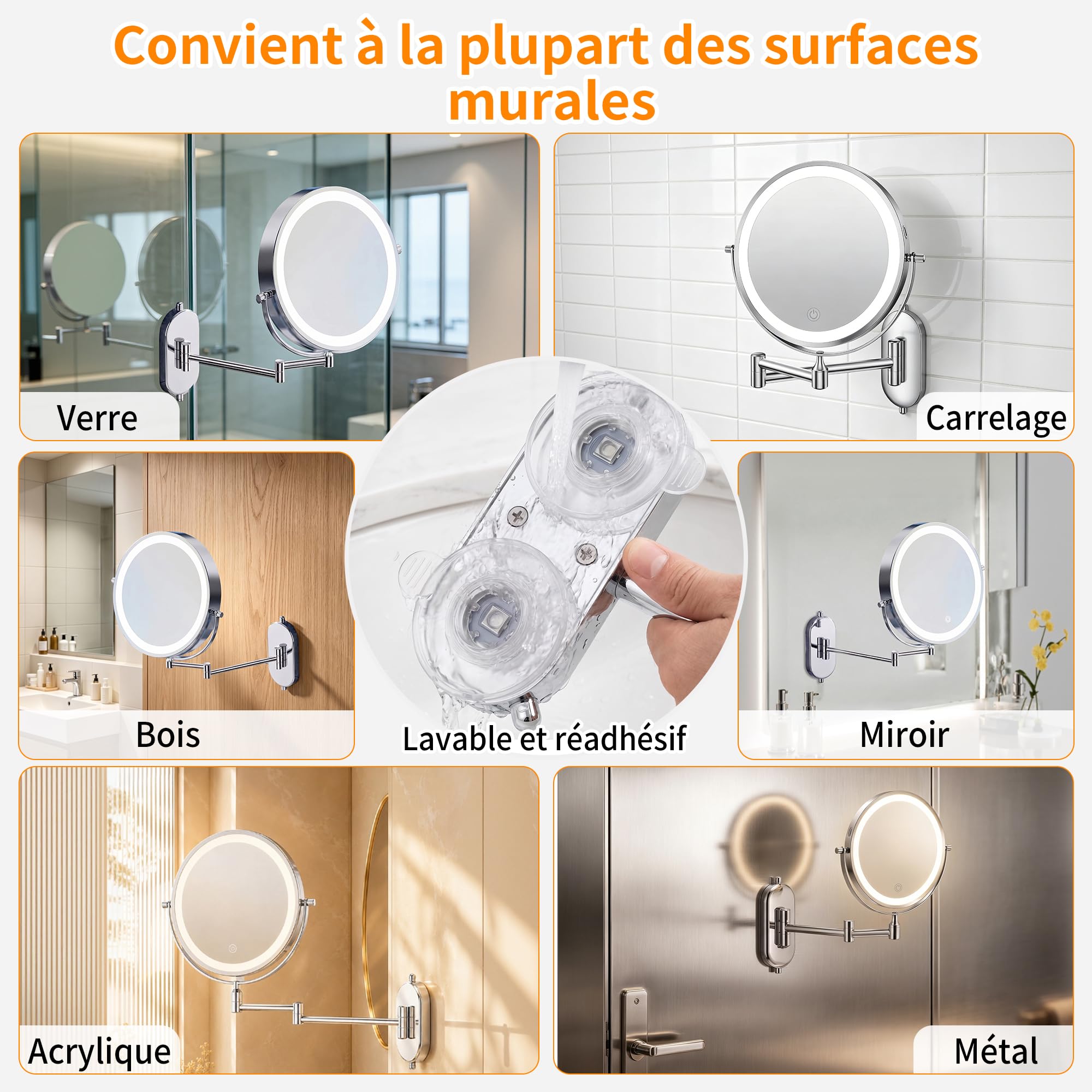 ICARE Miroir Grossissant Mural 30X/1X – 8 inch Miroir Grossissant Lumineux Mural – 3 Températures de Couleur Ventouse – Rotation 360° – Batterie Rechargeable 4000mAh – Idéal Salle de Bain, Maquillage