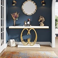 Vista 4 de Tribesigns Mesa Consola de 55 Pulgadas para Pasillo, Mesa de Entrada de Mármol Sintético Dorado con Base de Metal Geométrico, Mesa de Acento Moderna