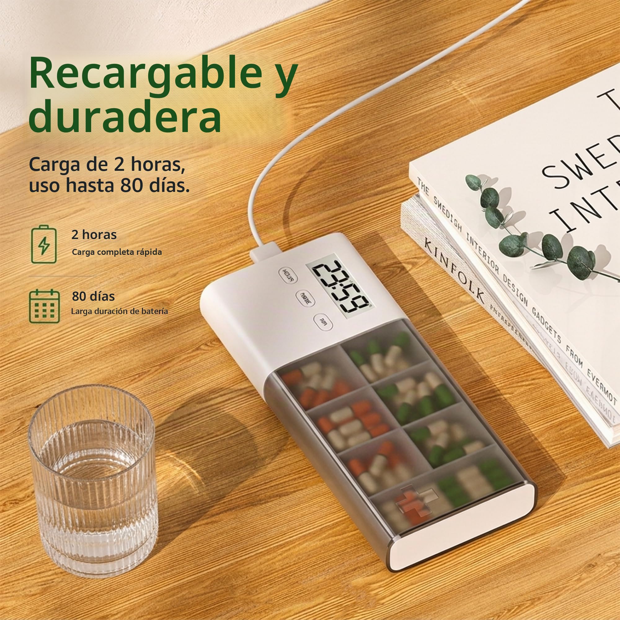 Pastillero Electrónico con Alarma para Mayores, 5 Recordatorios Diarios