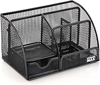 Vista 8 de Organizador de escritorio con cajón, clasificador de malla de alambre de escritorio con 6 compartimentos para bolígrafos, lápices y letras. Negro