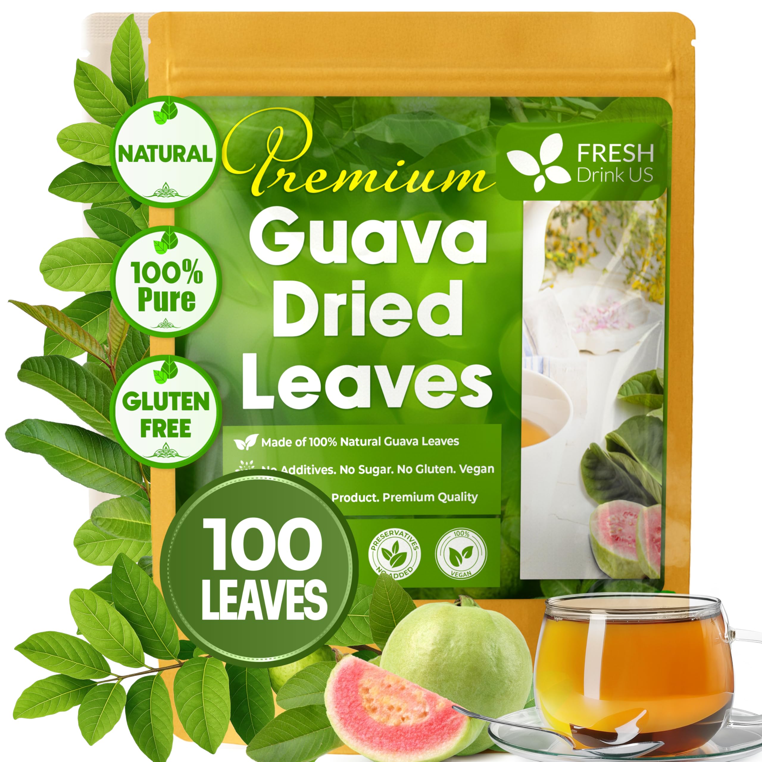 FreshDrinkUS, Premium 100+ Natural Guava Leaves, Whole Dried Leaves, 100% Pure, Natural Guava Loose Leaf Herbal Tea, No Additives, No Caffeine, Vegan