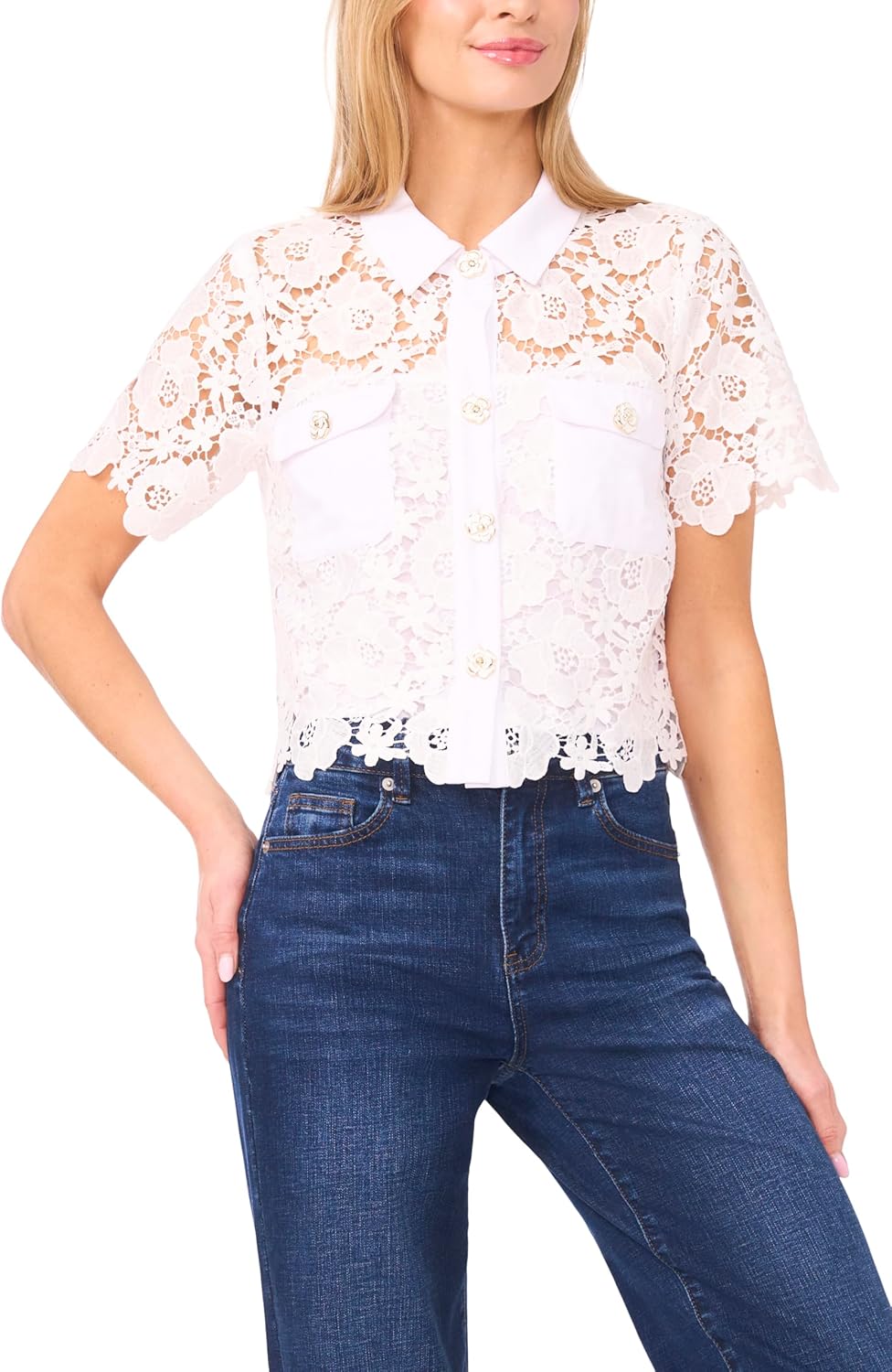 CeCe Women's Patch Pocket Button Down Lace Top