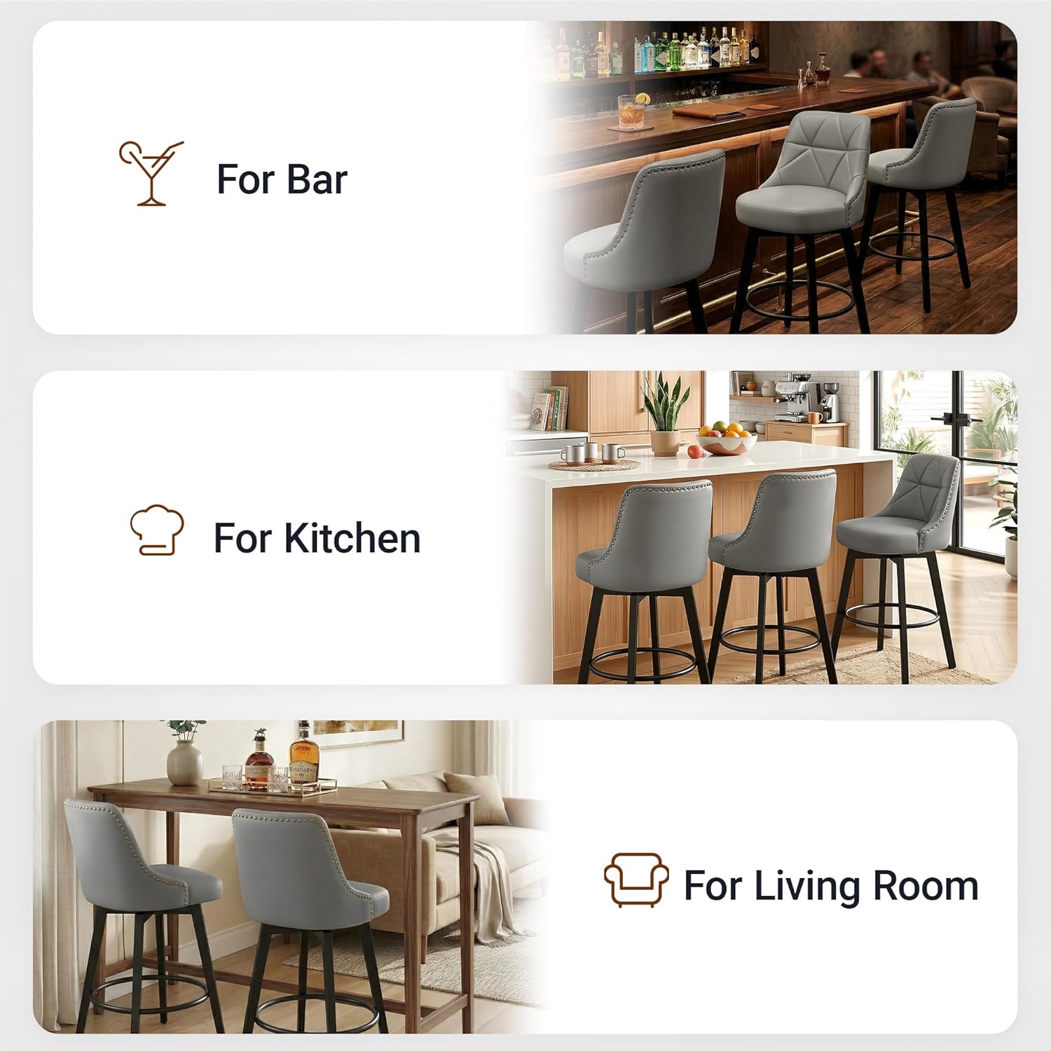 Bar Stools with Back Set of 2, Stools for Kitchen Counter Height 35-42" Counter Height Bar Stool Chairs, Wood Leg Bar Chairs with Footrest for Bar, Pubs, Restaurants(Grey-Faux Leather)