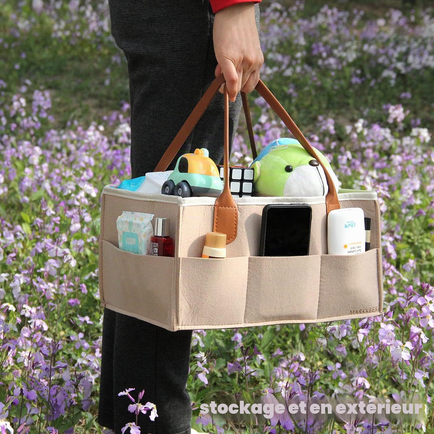 Panier à couches pour bébé - Portable - Rangement Bin - Grand sac de maternelle avec compartiments interchangeables pour commode à langer, anneau de dentition, couche, meilleur cadeau (beige)
