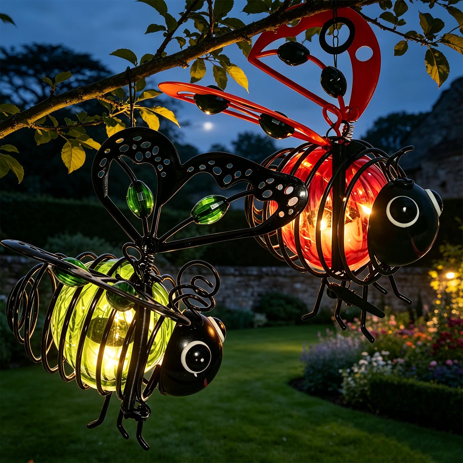 Solar Powered Hanging Bee Garden Light Outdoor, Metal Waterproof Garden Lantern, Auto-On Led Fairy Decor for Patio Yard Pathway (2pcs-i)