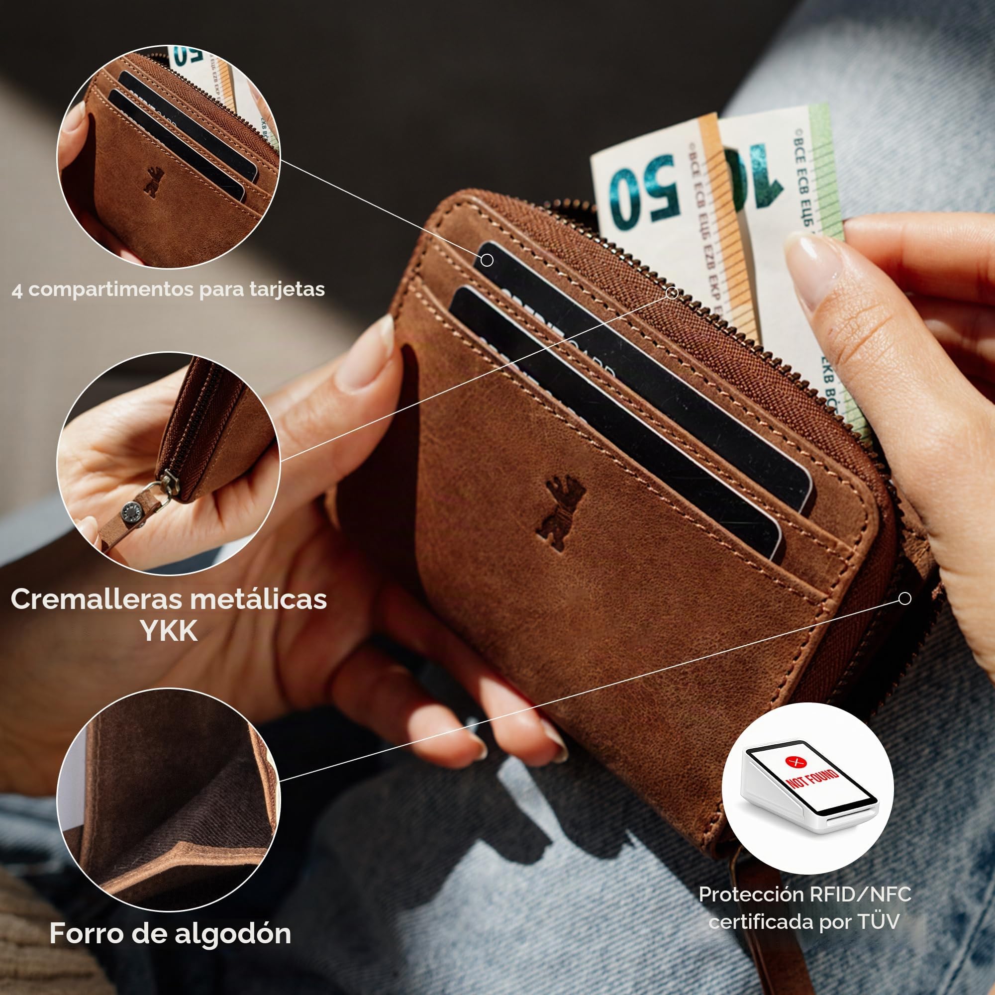 Berliner Bags Elsa Monedero de Piel Pequeño para Mujer con Cremallera YKK | Marrón Billetera De Cuero De Búfalo 8 Tarjetas 4 Compartimentos Con Forro Algodón Protección Nfc Estilo Vintage Elegante