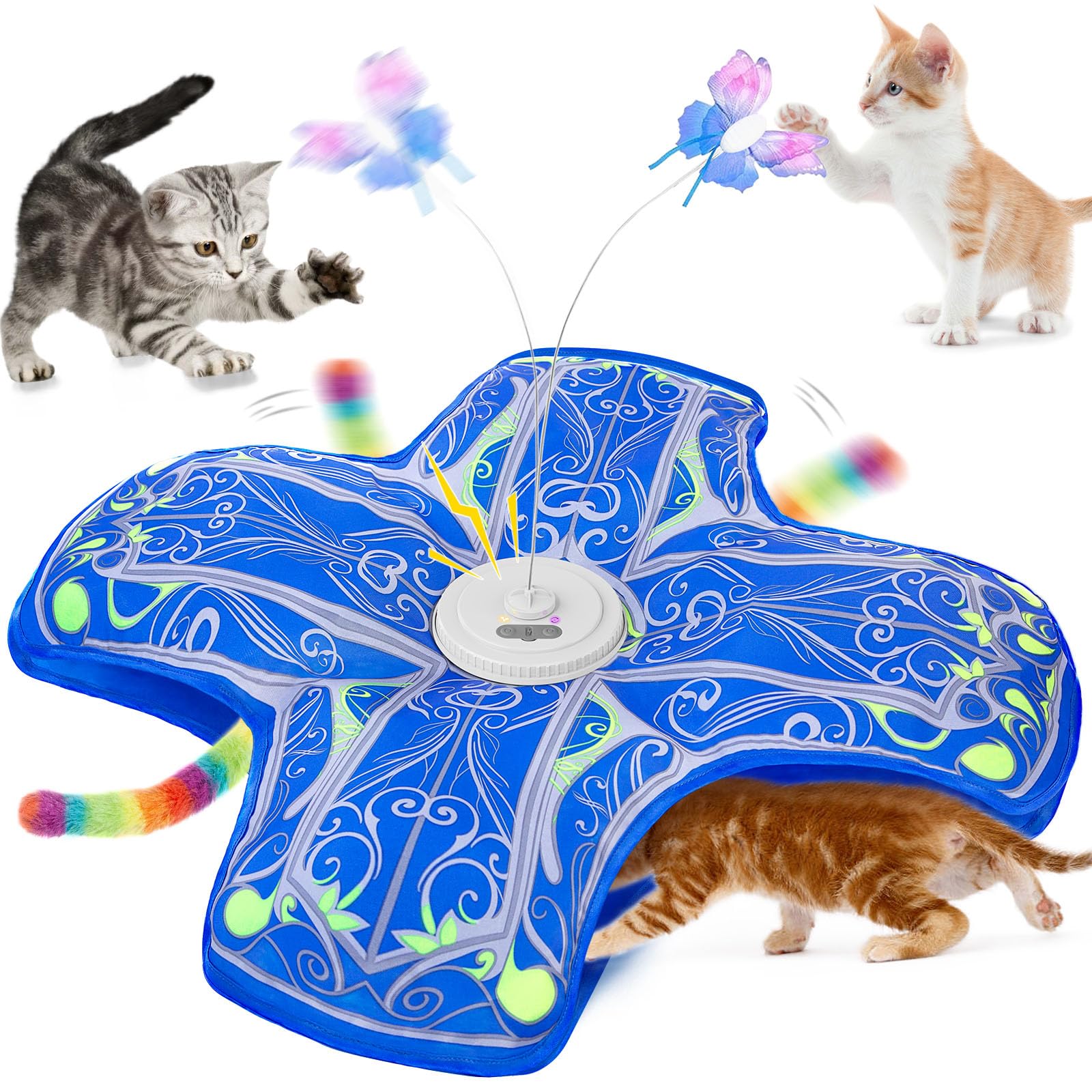 Interactive Cat Toys for Indoor Cats,[Newly Upgraded] Rechargeable Touch Activated Hide and Seek Kitten Toys for Bored Indoor Adult Cats with Fluttering (Blue)
