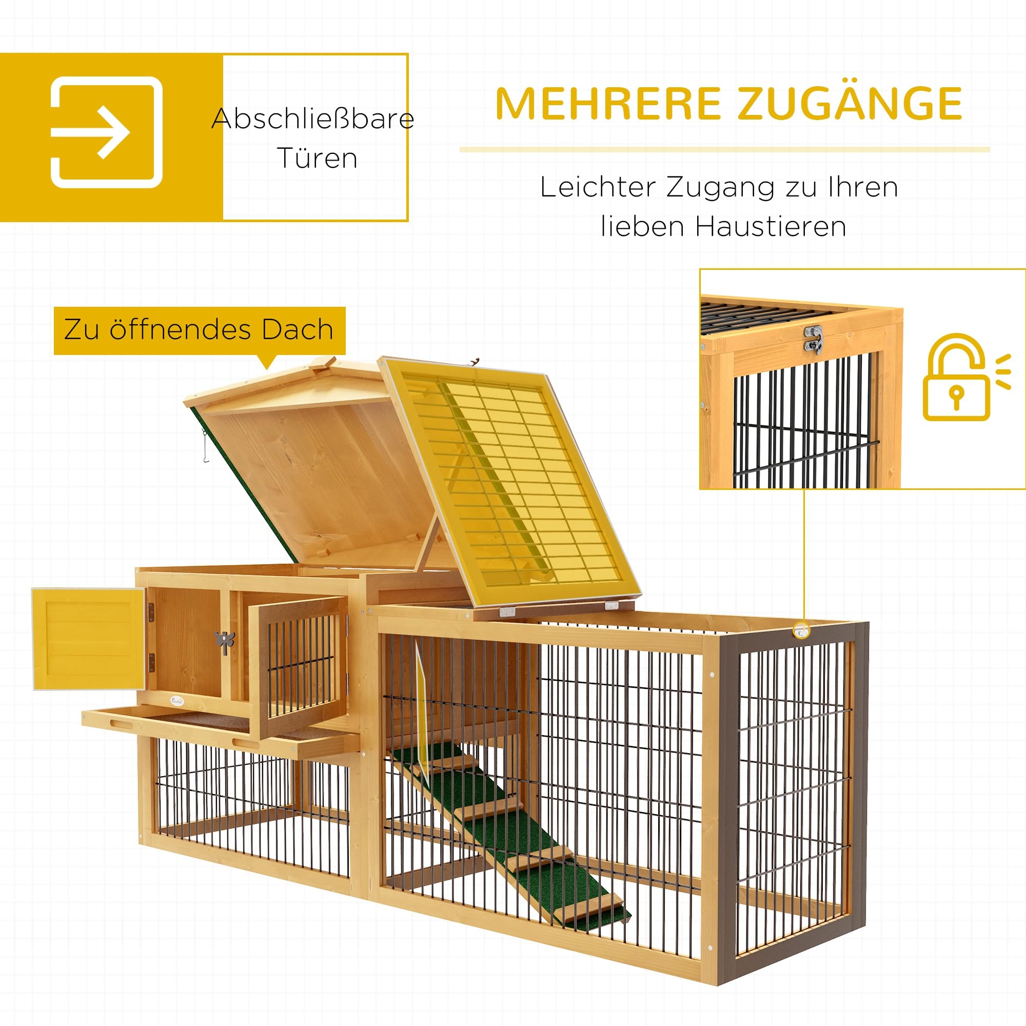PawHut conejera conejera de 2 niveles de madera de abeto a prueba de invierno casa de dos pisos con recinto al aire libre rampa 150x52x68 cm jaula de conejo al aire libre conejera de animales pequeños