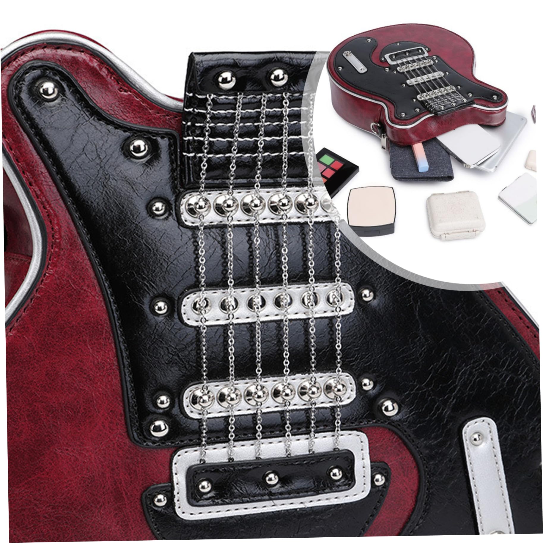 Borsa a tracolla a forma di chitarra Borsa per chitarra Novità Borsa a forma di chitarra rossa vino Borsa a tracolla di grande volume con cerniera Borsa casual alla moda a forma di chitarra per gite,