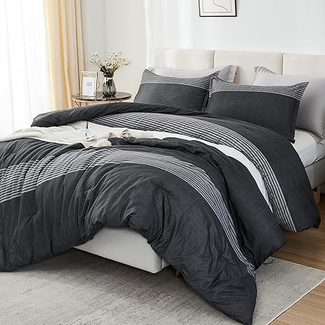 Litanika Full Size Comforter Sets Black White Grey - 3 Pieces Lightweight Bedding Set, All Season Down Alternative Comforter (1 Comforter, 2 Pillowcases)
