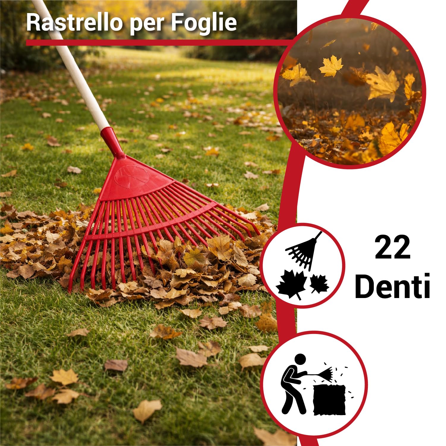 Crisalide®- Rastrello In PVC 22 Denti 40x40CM Con Barra Di Rinforzo, Completo Di Manico In Faggio 150CM, Ideale Per Foglie E Piccoli Detriti