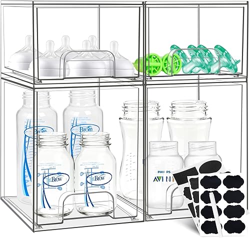 Organizador de biberones, cajones de almacenamiento apilables con etiqueta, contenedor organizador de estación transparente para chupetes, piezas de