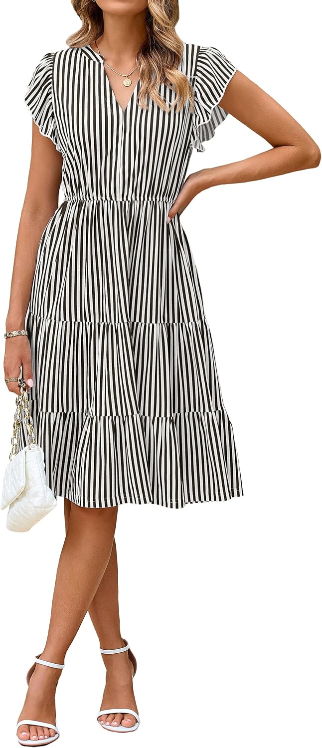 Glamaker Floral Tiered Midi Sundress Casual Summer V Neck Flutter Sleeve Striped Sun Dress with Pockets