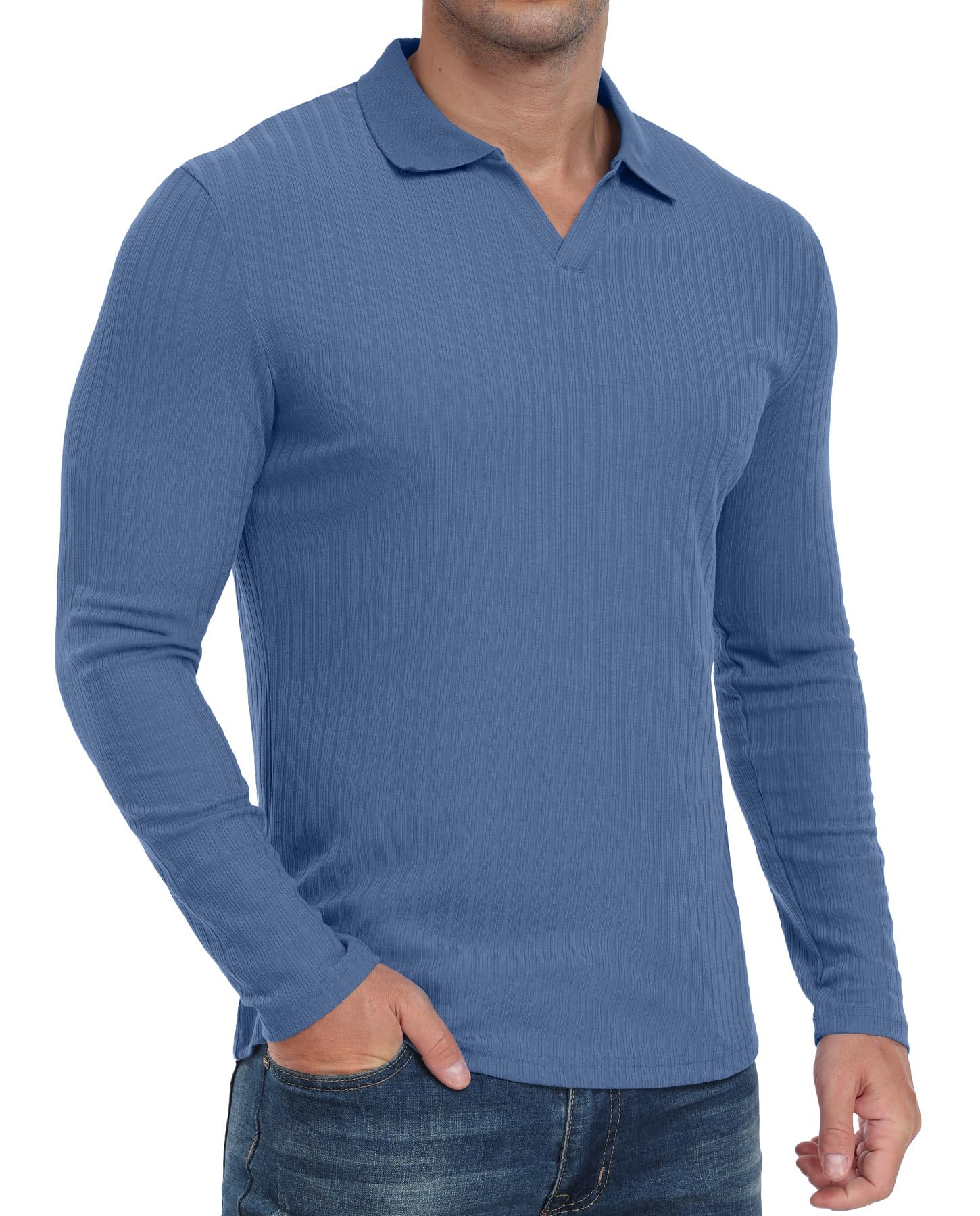 Askdeer Men's Muscle Polo Shirts V Neck Slim Fit Ribbed T Shirts Short/Long Sleeve Golf Collar Shirt Knit Casual Tee