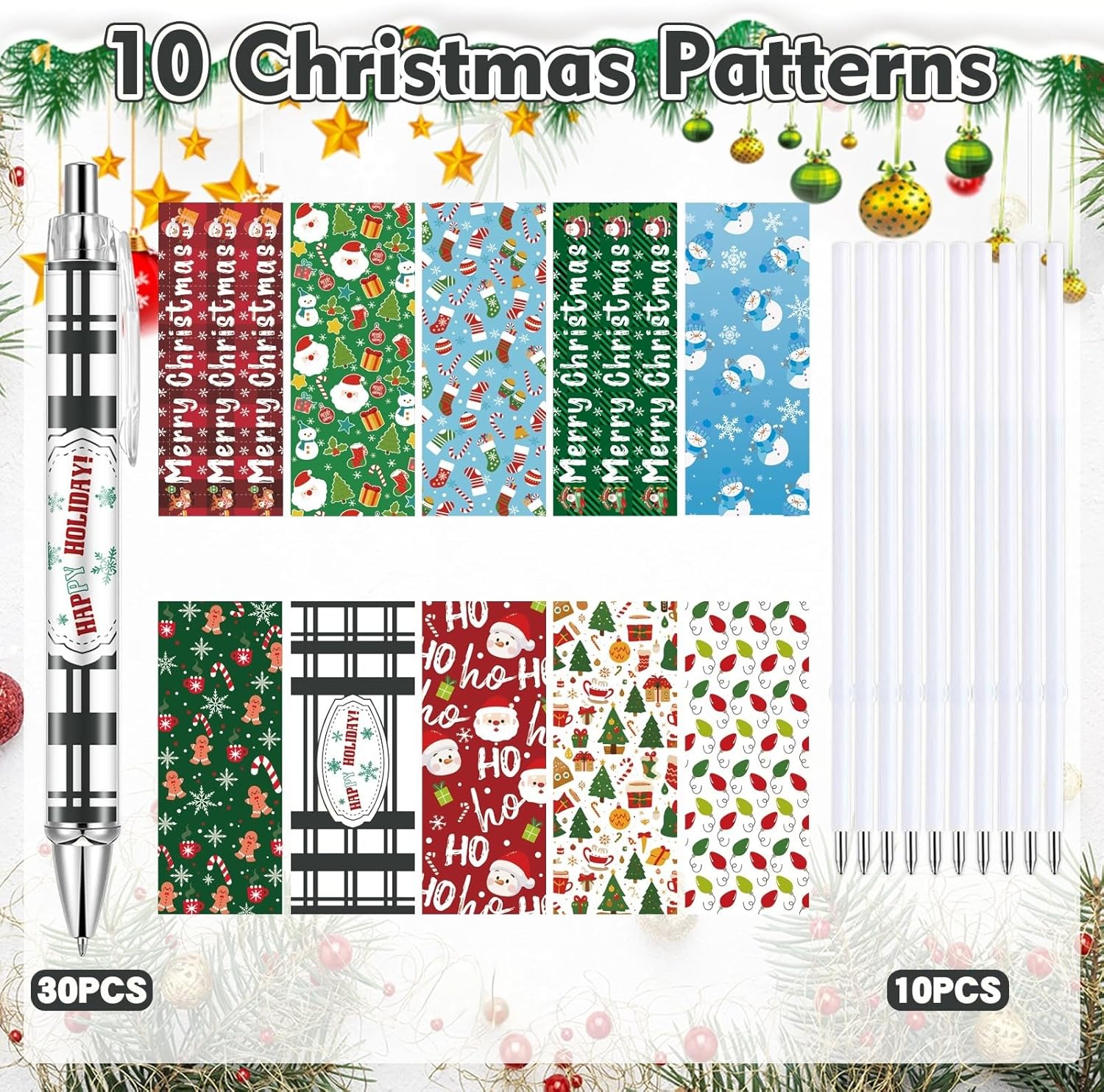 30 PCS Christmas Pens Christmas Ballpoint Pens Bulk Retractable Gel Ink Pen Novelty Santa Snowman Cany Cane Pen for Office School Supplies Xmas Party Favor Gifts - Image 2