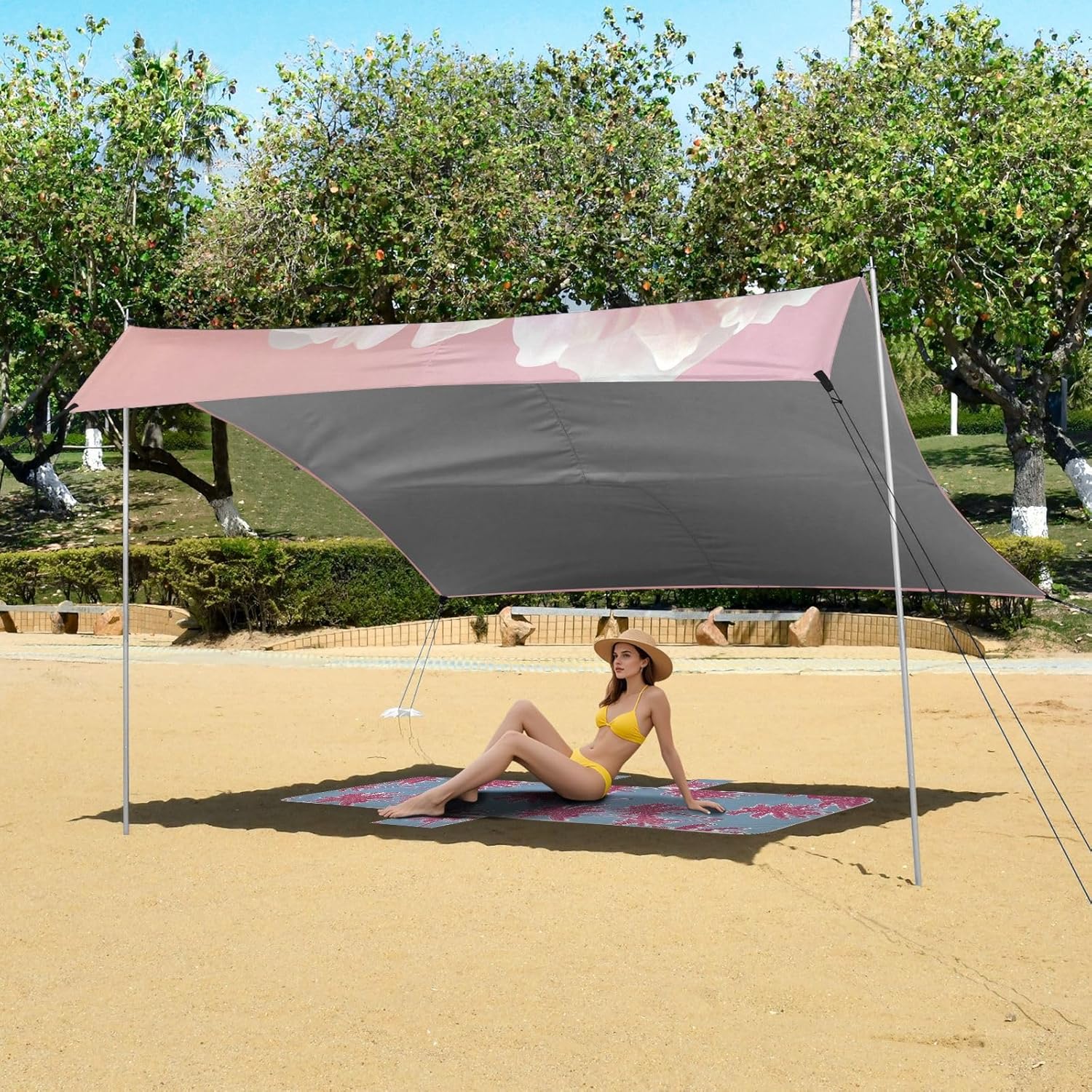 ALAZA Pink Rose Flowers Beach Tent Sun Shelter UPF50+ Protection Beach Shade Canopy w/ 4 Sandbags for Outdoor Camping, Fishing, Backyard Fun, Picnic, 10x9 ft