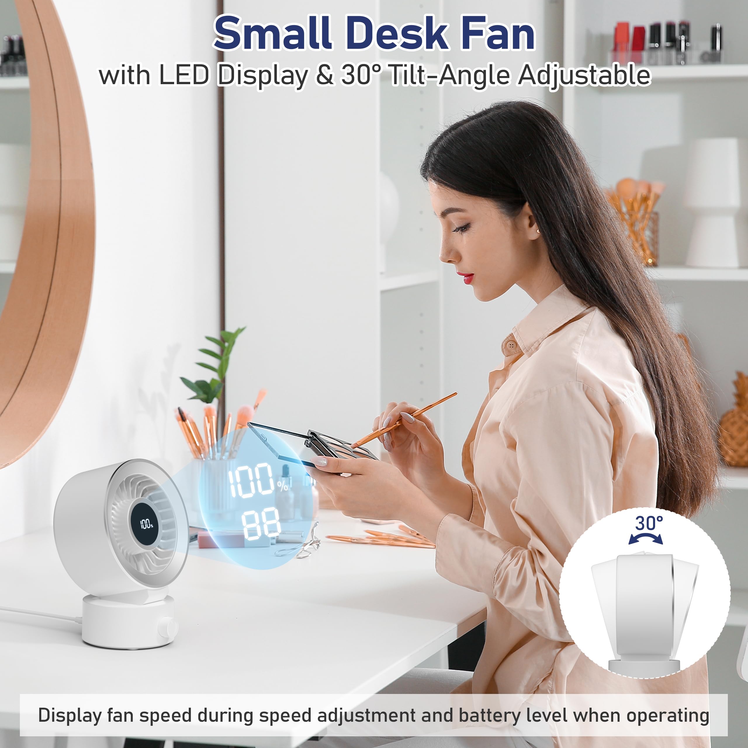 Ventilador de escritorio pequeño silencioso: ventilador de mesa recargable con batería de 1200 mAh y alimentado por USB, portátil para oficina, dormitorio, escritorio en casa, pantalla 3