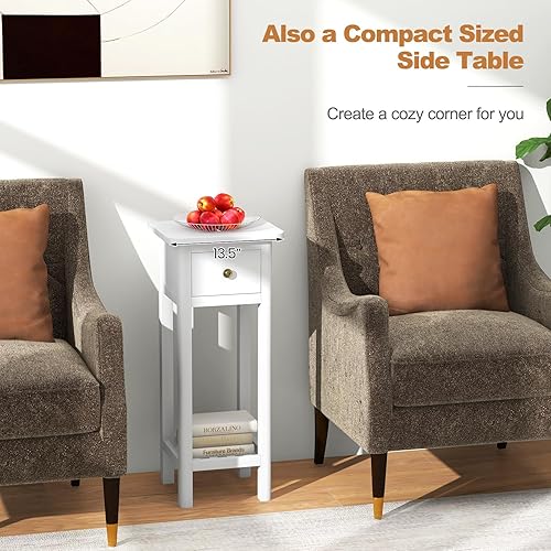 Miniatura 16 de Tangkula Mesa auxiliar estrecha, mesa auxiliar pequeña para espacios pequeños, mesita de noche delgada de madera de acacia de granja con cajón y