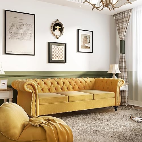 QHITTY Accent Large Sofa, Chesterfield Couch 3 Seater Modern Velvet Couch Upholstered Sofa with Tufted Back for Living Room Furniture (Mango)