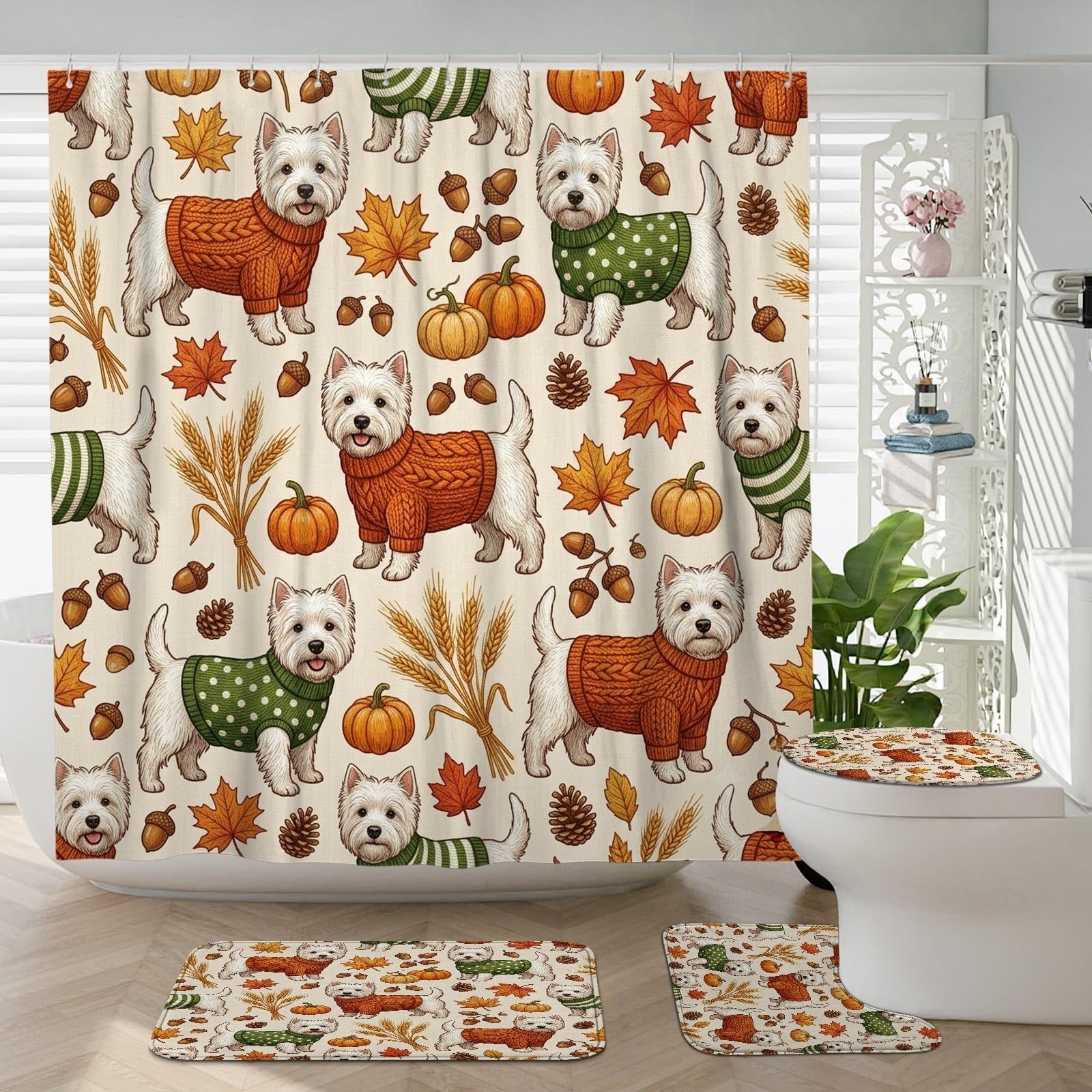Rideau de douche Westie d'automne 183 cm et ensemble de tapis de bain