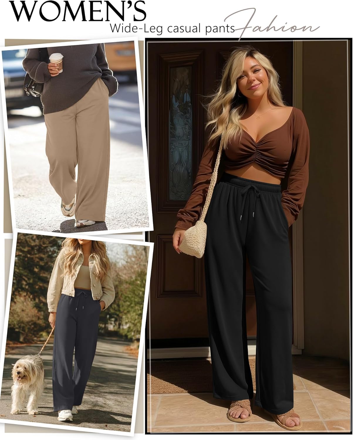 Huukeay 3 Pack Women Plus Size Pants, Straight Wide Leg Lounge Pants Elastic Fall Drawstring Casual Loose Trouser with Pocket - Image 2