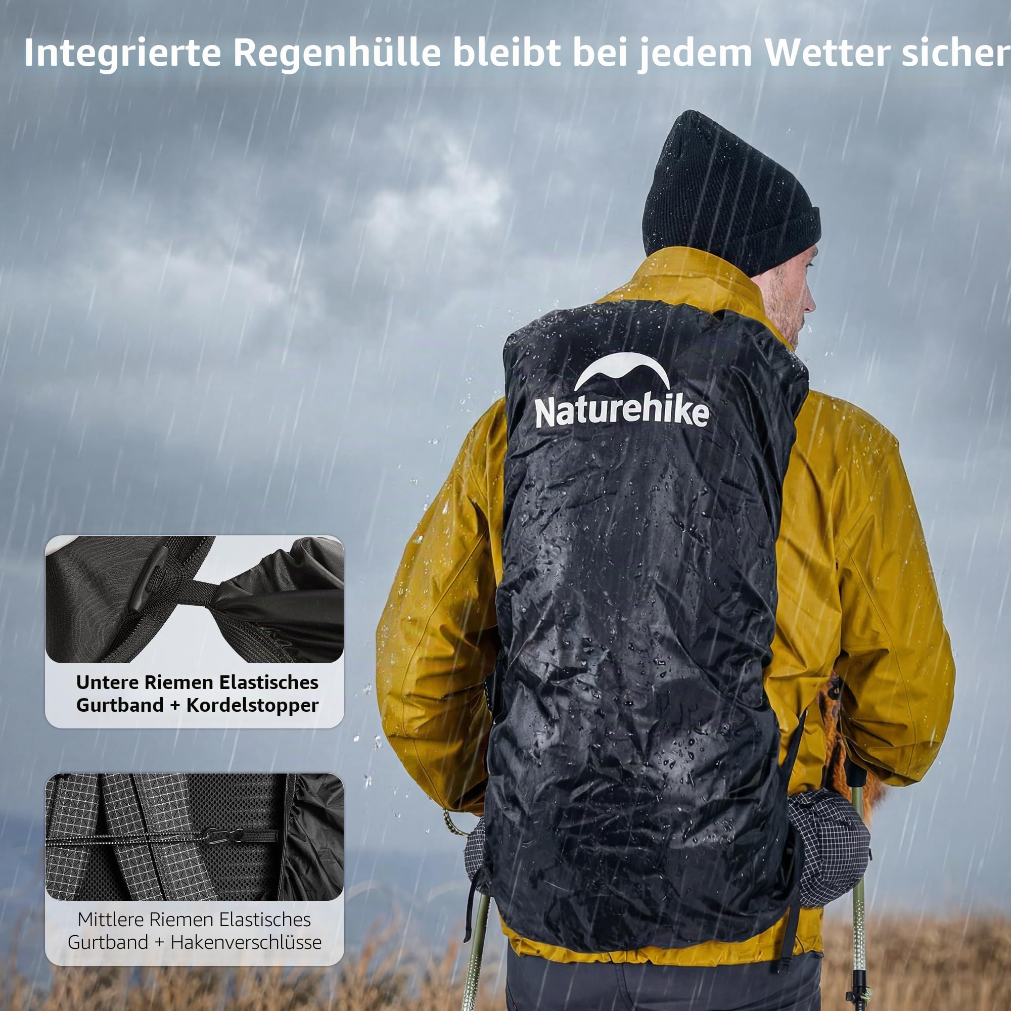 Naturehike Rock 2.0 Upgraded 45L Rucksack Interner Rahmen Wanderrucksack Damen mit Regenhülle Trekkingrucksacke für Outdoor Camping Reisen Backpacking(Schwarz 45l/M)