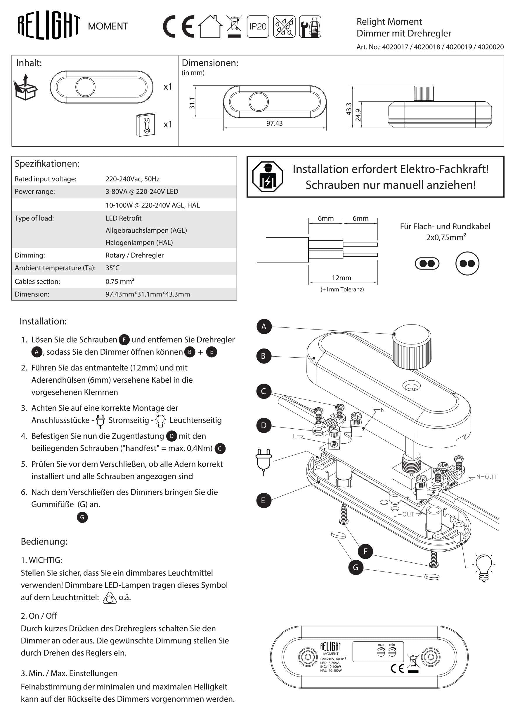 Relight Moment Phasenabschnittsdimmer (LED 3-80W, AGL & HAL 10-100W), Schnurdimmer SCHWARZ mit Drehregler aus Messing SATIN BRASS