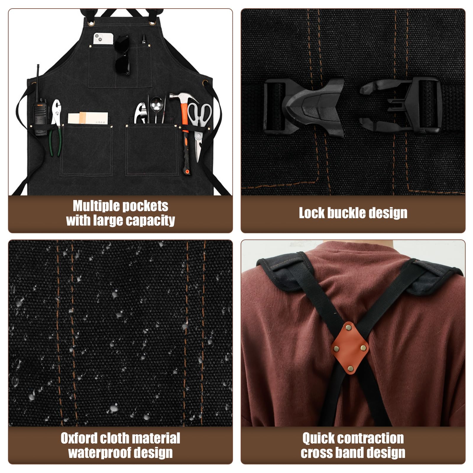 Foppla Heavy Duty Work Apron with 5 Tool Pockets, Waterproof Oxford Cloth, Adjustable Cross Strap - Image 3