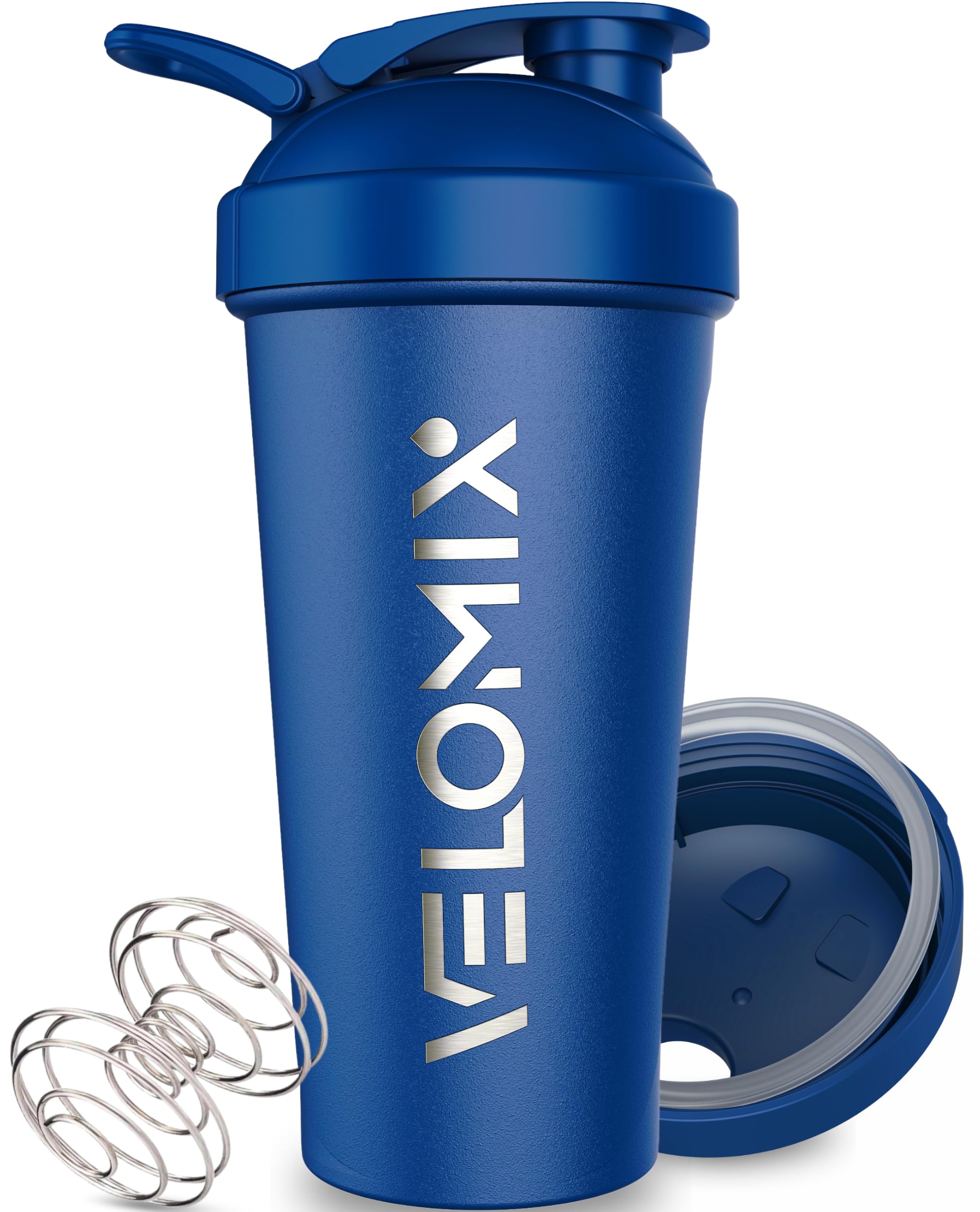 VELOMIX 24oz Stainless Steel Shaker Bottle with Wire Whisk (Steel-Blue)