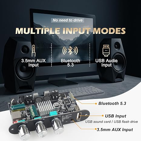 ZK-1001U Mono Amplifier Board with TWS, 100W Power Output, Vehicle Amplifier Wide Voltage Input 9-24V, Supports USB/AUX/Bluetooth (ZK-1001U)