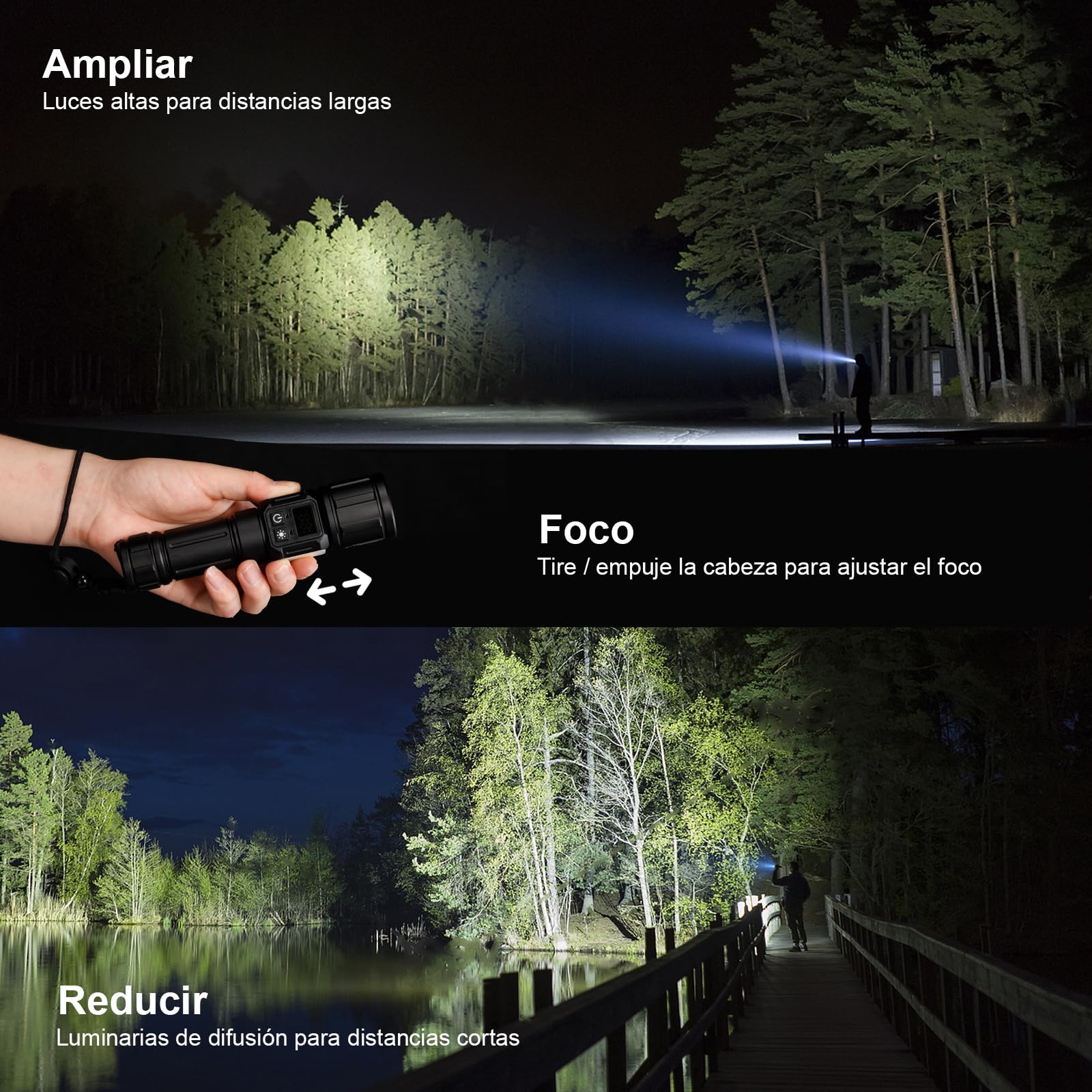 Tom-shine Súper Brillante Linterna LED con Zoom – Recargable USB-C 5000mAh, 9 Modos + Luz Lateral & Indicador de Batería, IPX4 Resistente a la Lluvia para Caza, Camping, Emergencias