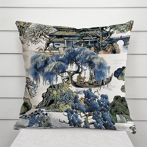 Miniatura 8 de Almohada escénica asiática en azul y verde Kelly, decoración lumbar, cojín chinoiserie, funda de almohada rústica, decoración del hogar para sofá,