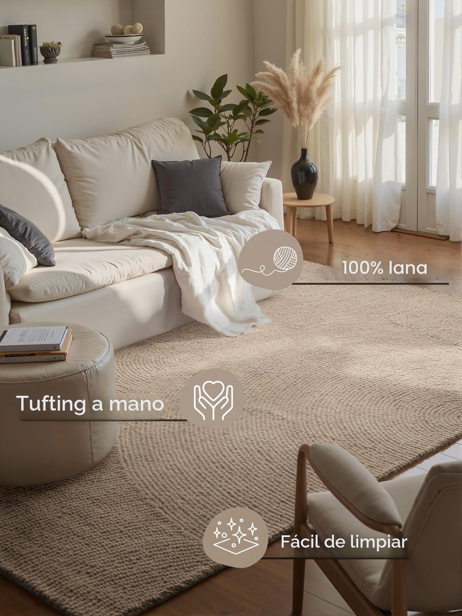 Hanse Home Alfombra de Lana Eleni – Alfombra Natural de salón – Hecha a Mano – Hygge Skandi, Alfombra Bohemia de Lana para salón, Dormitorio, Comedor, Pasillo, Beige Claro, 160 x 230 cm