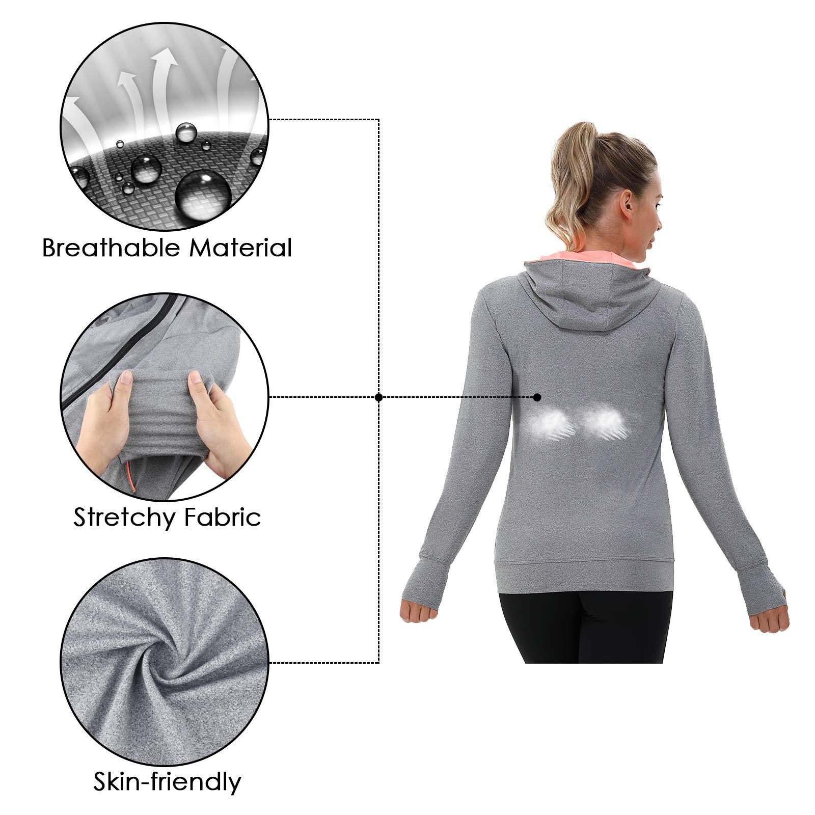 AMZSPORT Chaqueta Deportiva Mujer, Sudadera Capucha Running Cremallera con Bolsillos — view 3