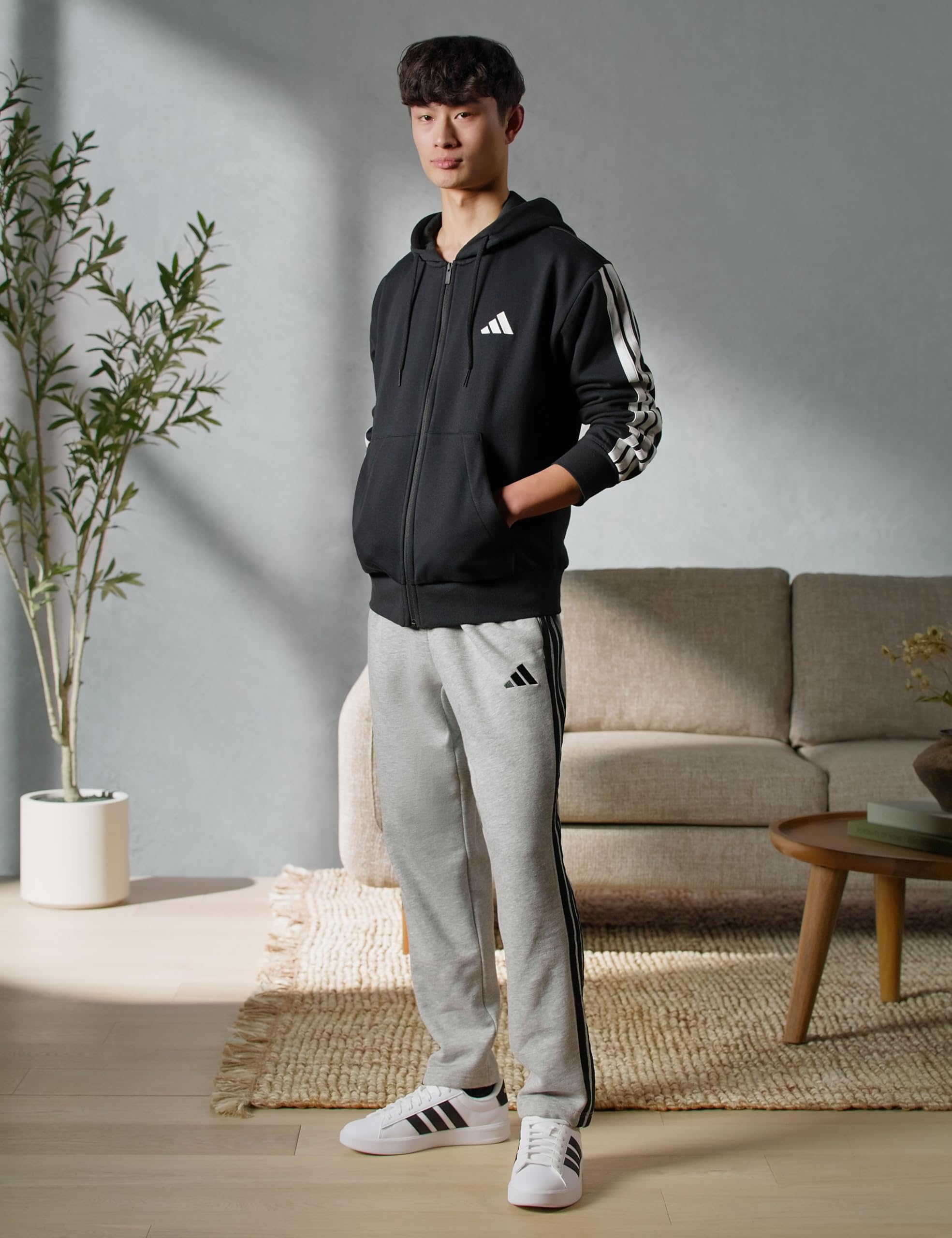 adidas Essentials 3-Stripes Full-Zip Sportswear Hoodie Sudadera Hombre, Negro/Blanco, M