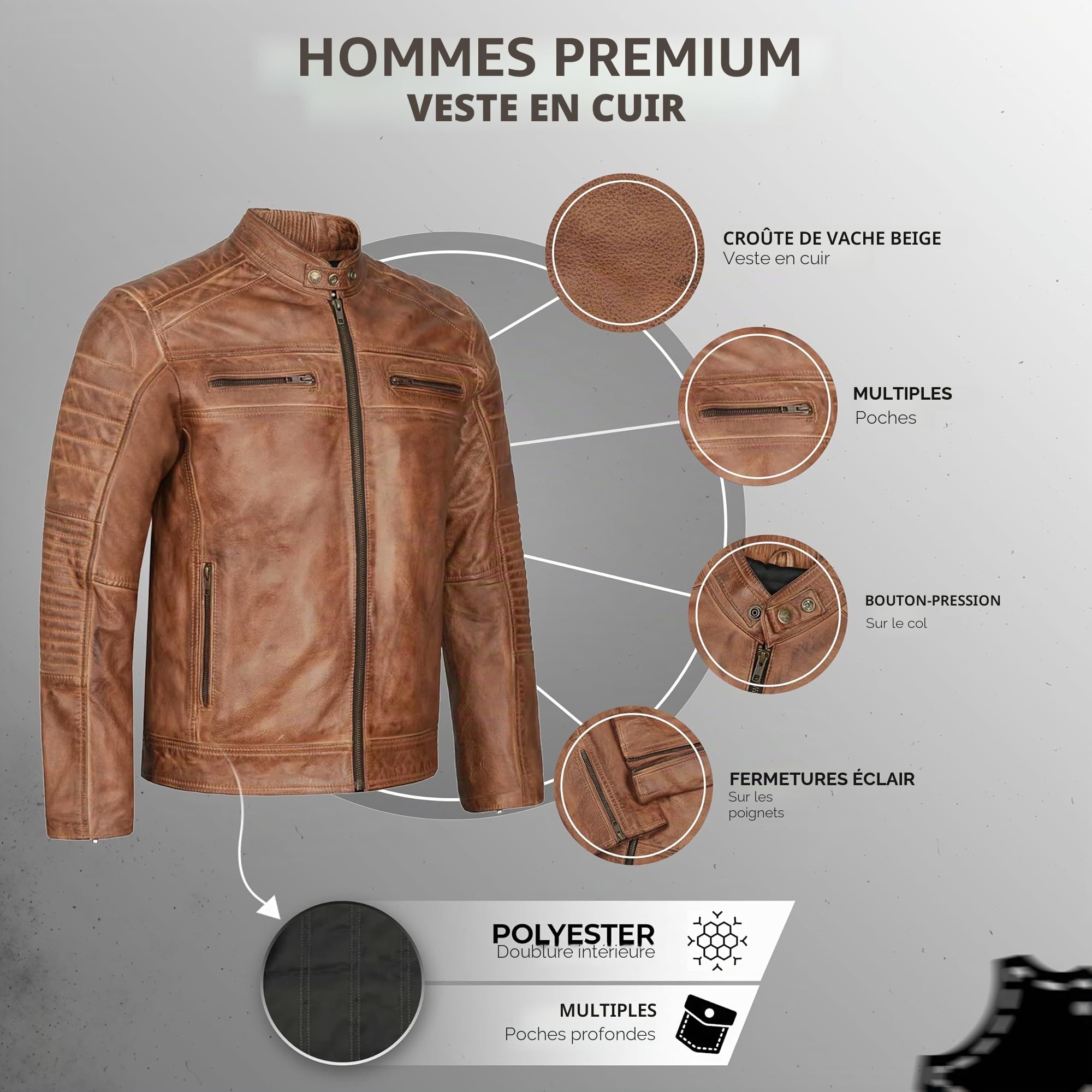 Leatherick Veste de motard en cuir véritable pour homme au look vieilli Marron clair
