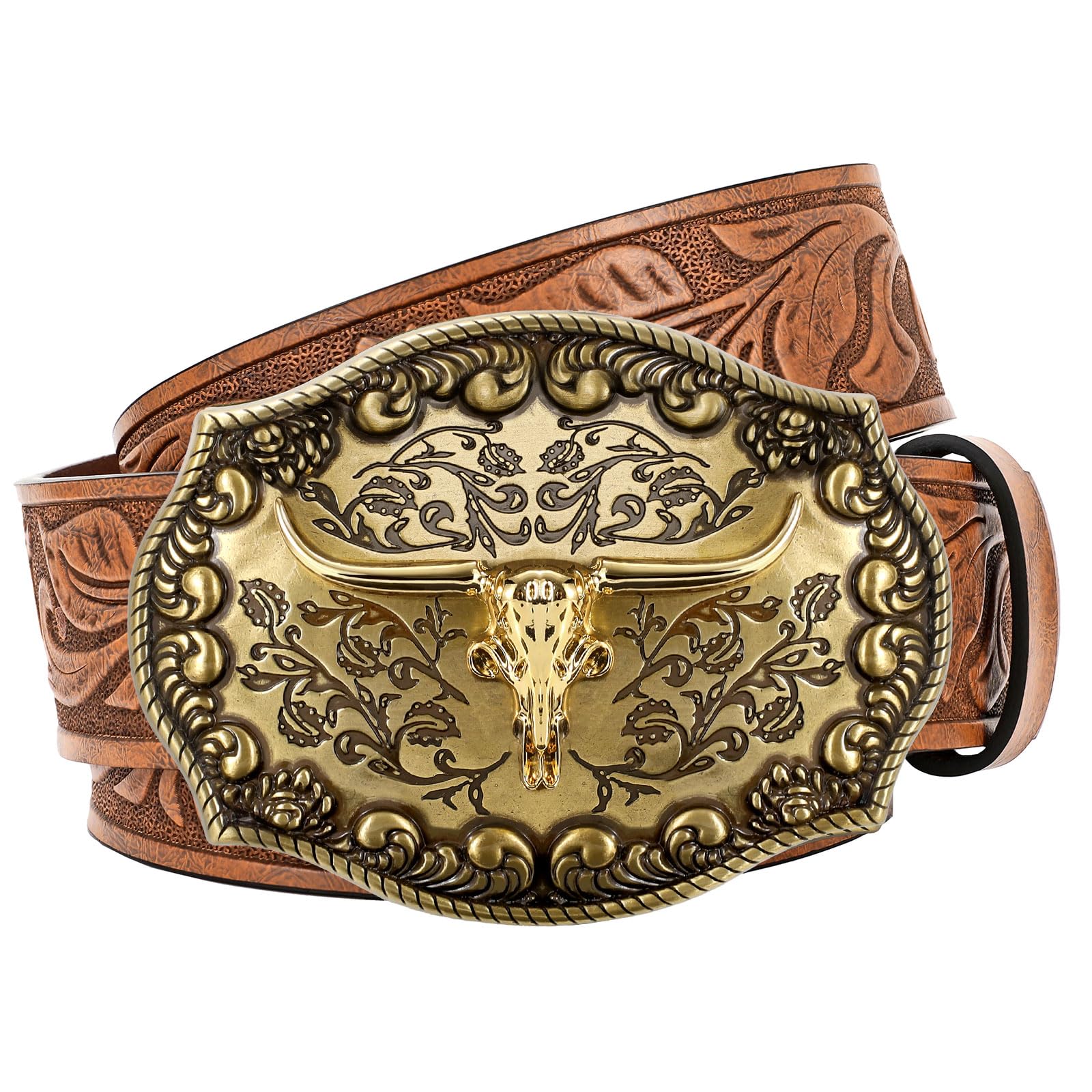 JASGOOD Western Leather Cowboy Belt for Men Women Longhorn Buckle Cowgirl Belt Floral Engraved Embossed Unisex Belt for Jeans?Brown