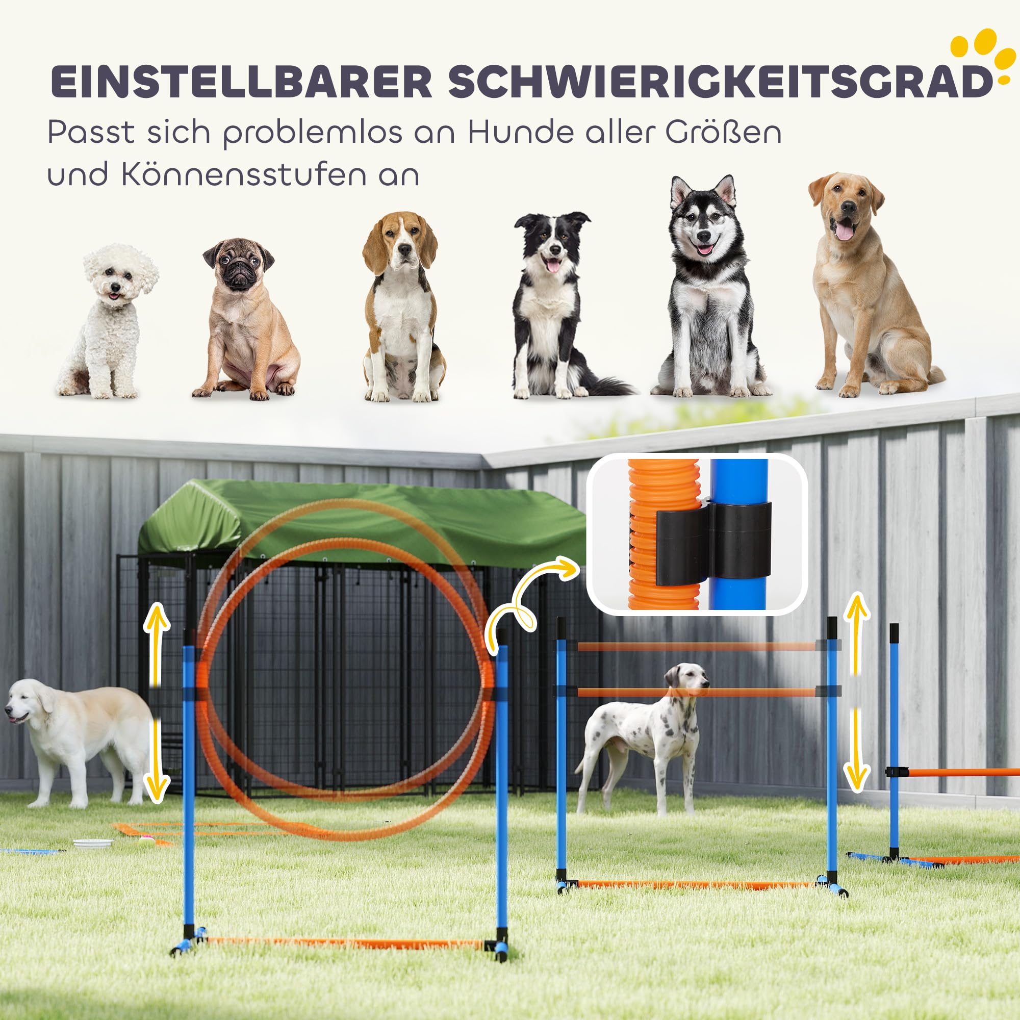 PawHut 11-teiliges Set Agility-Ausrüstung für Hunde Höhenverstellbar | 2 Tunnel, Sprungring & Hürden, Slalomstangen, Pause-Box, Tragetasche, Ball, Steckhürdenset, für Hundetraining