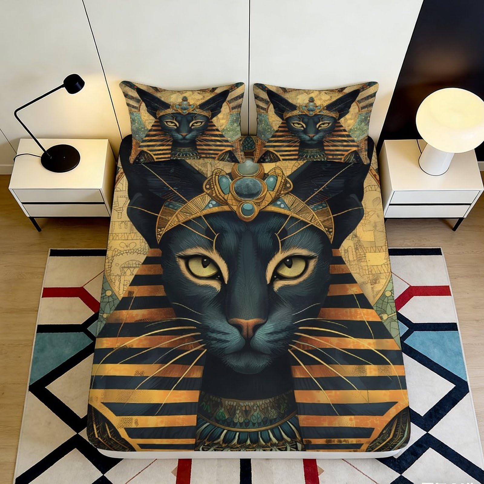 3D Printed Egyptian Cat Pattern Fitted Sheet Microfiber Deep Pocket Non-Slip Bedroom Bedding Egyptian Cat Mattress Fitted Cover for Adults 120x200x25cm
