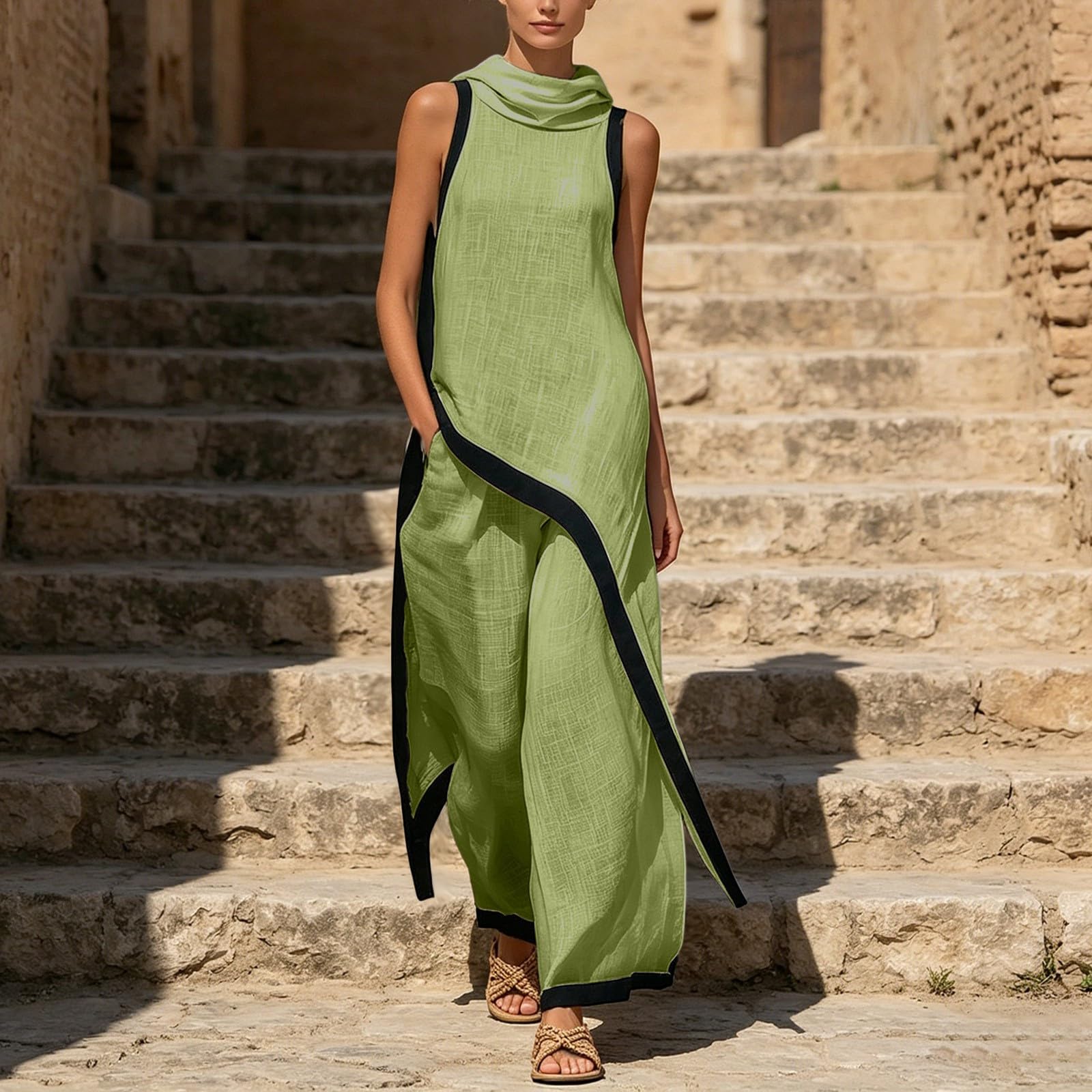 Completo Donna - Coordinato Donna Pantalone E Top Cerimonia Completo Elegante E Casual con con Cappuccio Asimmetrico E Pantaloni a Gamba Larga Alternativa alla Tuta Intera