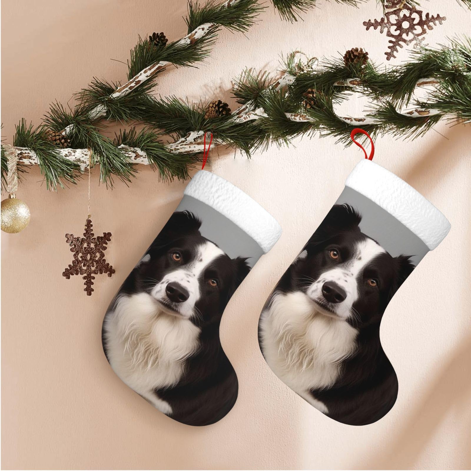 Fodpand Boys Black Border Collie Christmas Stockings Hanging Ornaments For Holiday Decor, 18 Inches Velvet Xmas Stocking With White Plush Cuff, Candy Gift Bags For Christmas Decorations