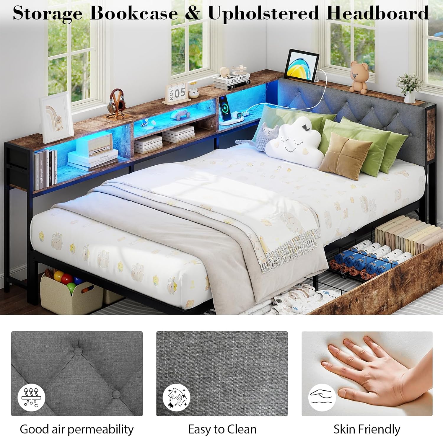 Twin Corner Bed Frame with Storage Bookcase and LED Lights, Twin Size Daybed with 2 Storage Drawers, Upholstered Platform Bed with Headboard and Charging Station, Rustic Brown & Gray