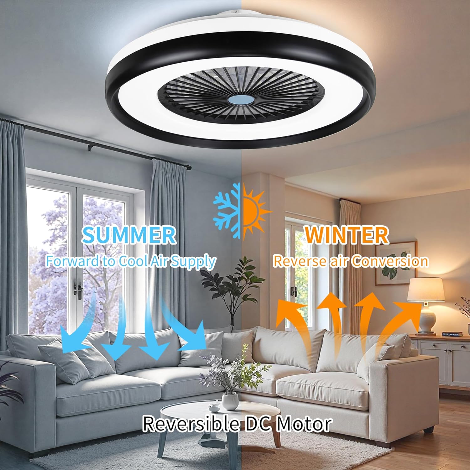 RGB Ceiling Fan with Light, 24'' Low Profile Ceiling Fans, Flush Mount LED Fan Light with Remote Control, Modern Bladeless Fandelier for Bedroom, Living Room, Kitchen (Black, 24")