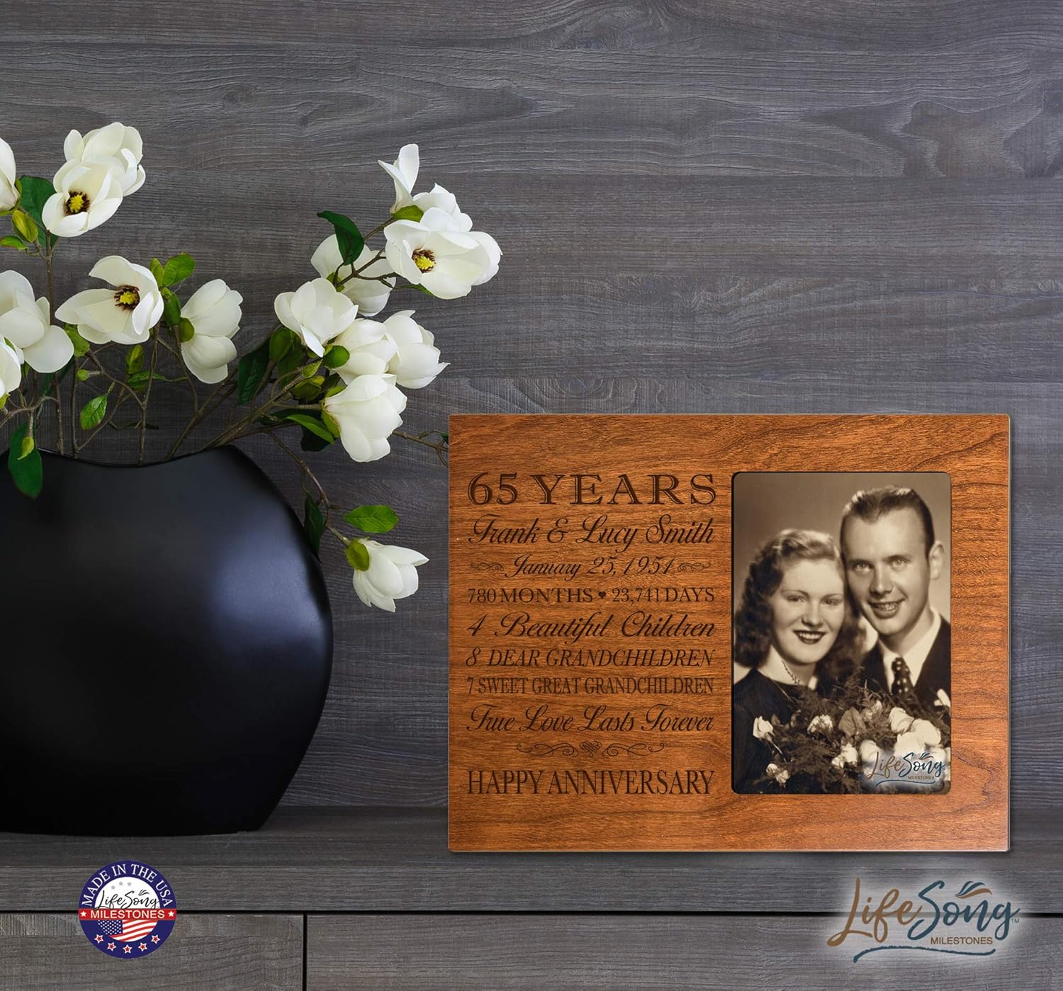 LifeSong Milestones Personalized Sixty-Fifth Year for her him Couple Custom Engraved Wedding Gift for Husband Wife Girlfriend Boyfriend Photo Frame Holds 4x6 Photo (Cherry)