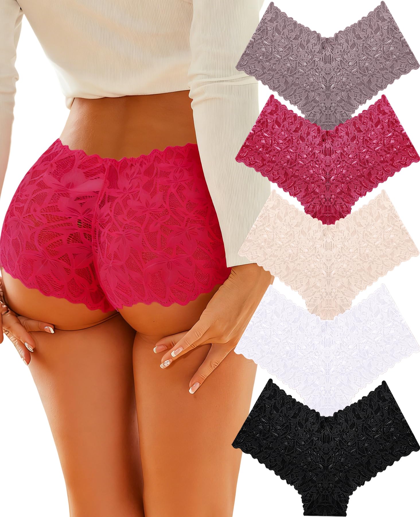ALL OF SHE Sexy Underwear Panties for Women Cheeky V Waist Lace Boyshorts Lingerie Plus Size Underwear Gift Wife Women 5 Pack